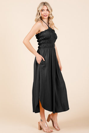 Caitlin Shirring Midi Dress in Black