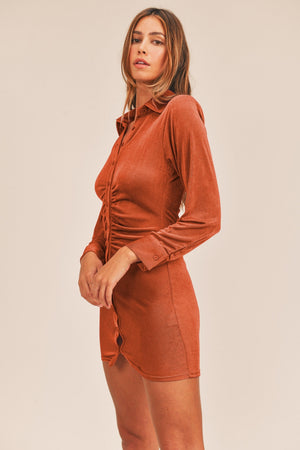 Ruched to Perfection Bodycon Mini Shirt Dress in Brick