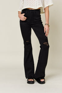 Maëlle High Rise Distressed Flare Jeans in Black