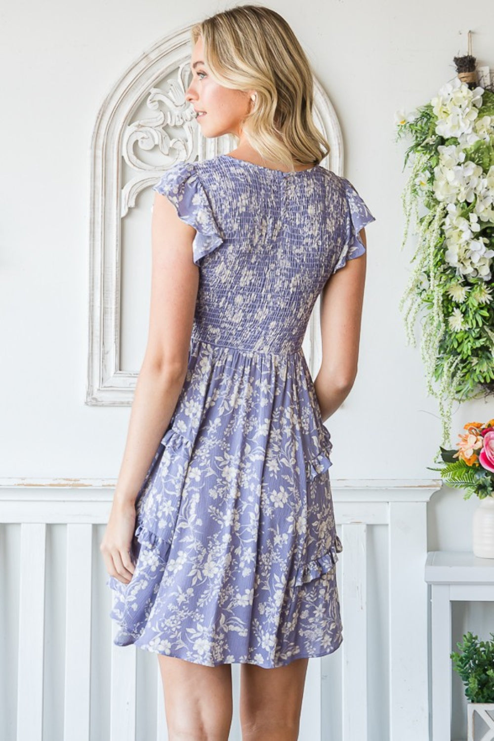 Charmante Florals & Ruffles Smocked Mini Dress in Lavender