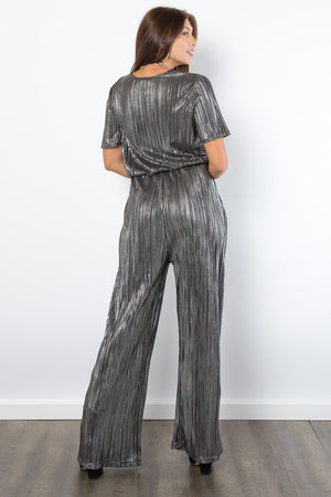 Glow Getter Pleated Foil Jumpsuit in Silver