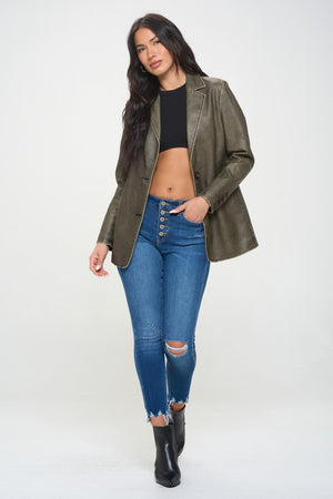 Milena Single-Breasted Vegan Leather Blazer in Olive Brown