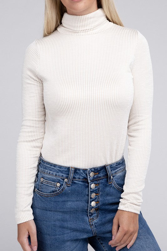 Wardrobe Essential Ribbed Turtle Neck Top in Light Grey & Sand Beige