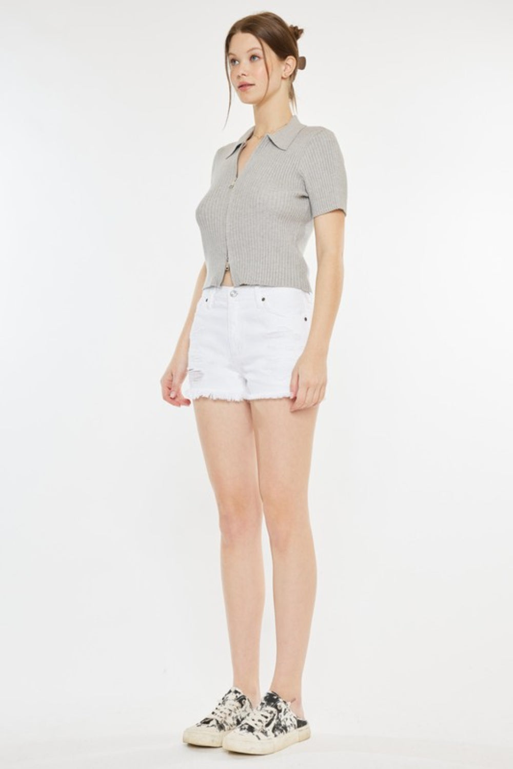 Cara Raw Hem Distressed Denim Shorts in White