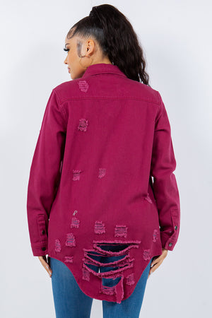 Button Me Up Distressed Denim Jacket in Deep Purple