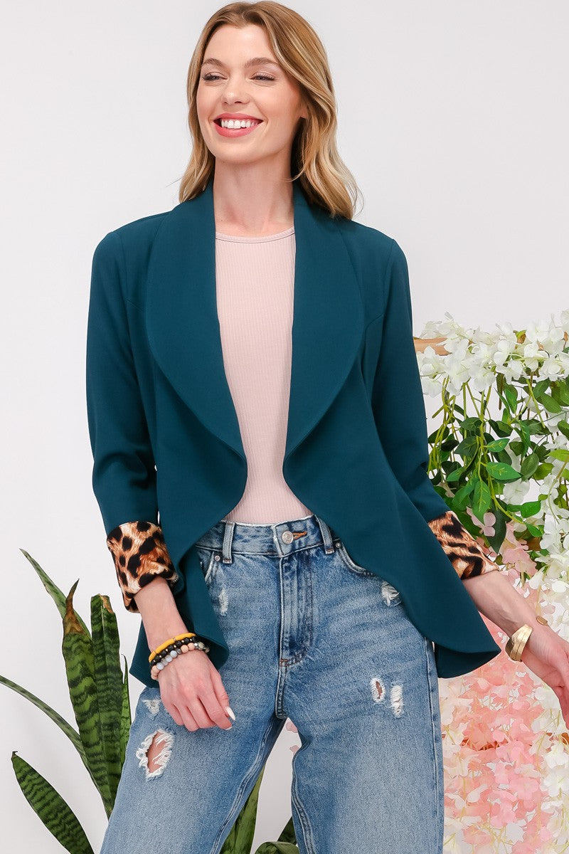 Feline Finish Leopard Cuff Blazer in Hunter Green