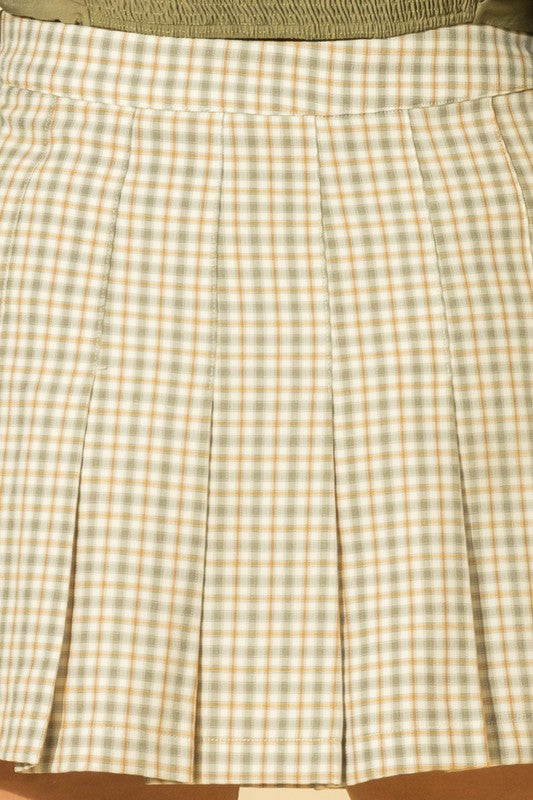 Flirt Factor Pleated Plaid Mini Skirt in Sage & Taupe