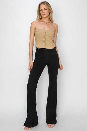 Cargo Pockets & Side Slits High Rise Bootcut Jeans in Black