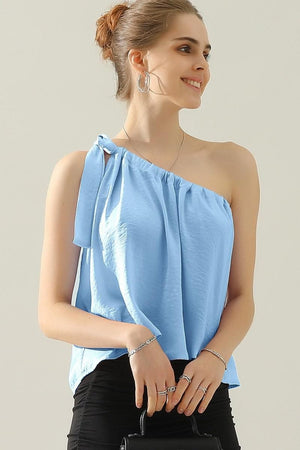 Chiara One Shoulder Bow Tie Satin Top in Orange, Blue, & Black