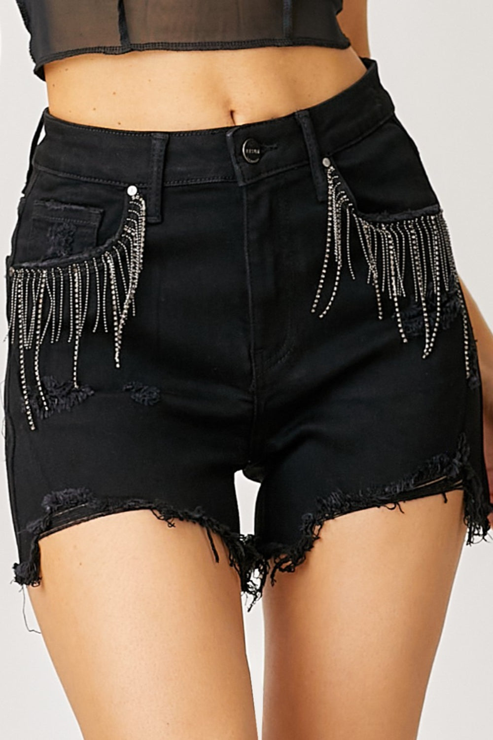 Festival Rhinestone Fringe Frayed Hem Denim Shorts in Black