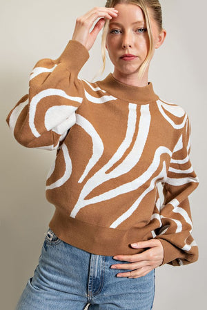 Abstract Print Mock Neck Sweater in Hot Pink & Camel