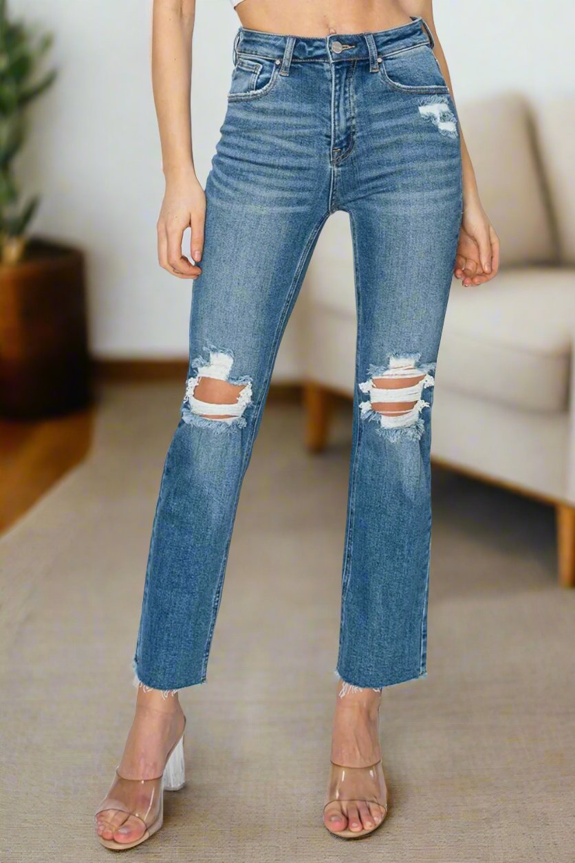 Comfort Stretch High Rise Distressed Ankle Jeans in Medium Wash