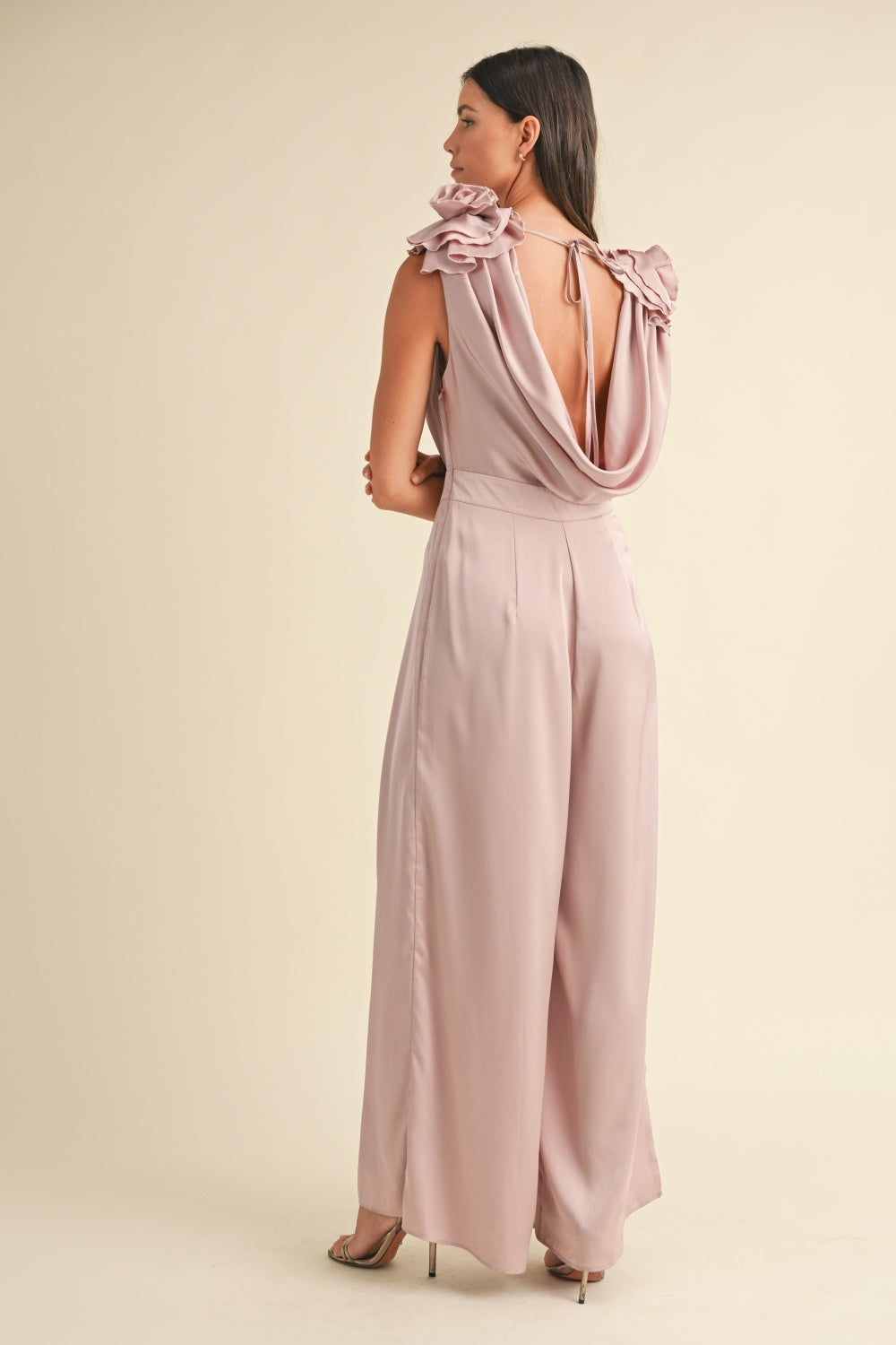 Antoinette Floral Detail Deep Cowl Neck Jumpsuit in Dusty Mauve