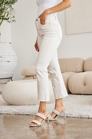 Iana Tummy Control High Waist Raw Hem Jeans in Off White
