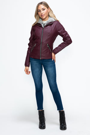 Rebel Chic Faux Leather Moto Jacket with Removable Fuzzy Hood in Wine