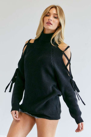 Nora Laced Up Cut-Out Turtle Neck Sweater in Rust & Black