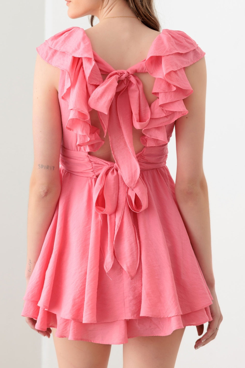 Hello Dolly Tie Back Ruffled Romper in Doll Pink