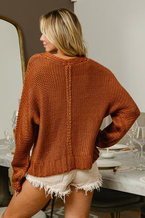 Nikki Classic V-Neck Cable Knit Sweater in Cinnamon