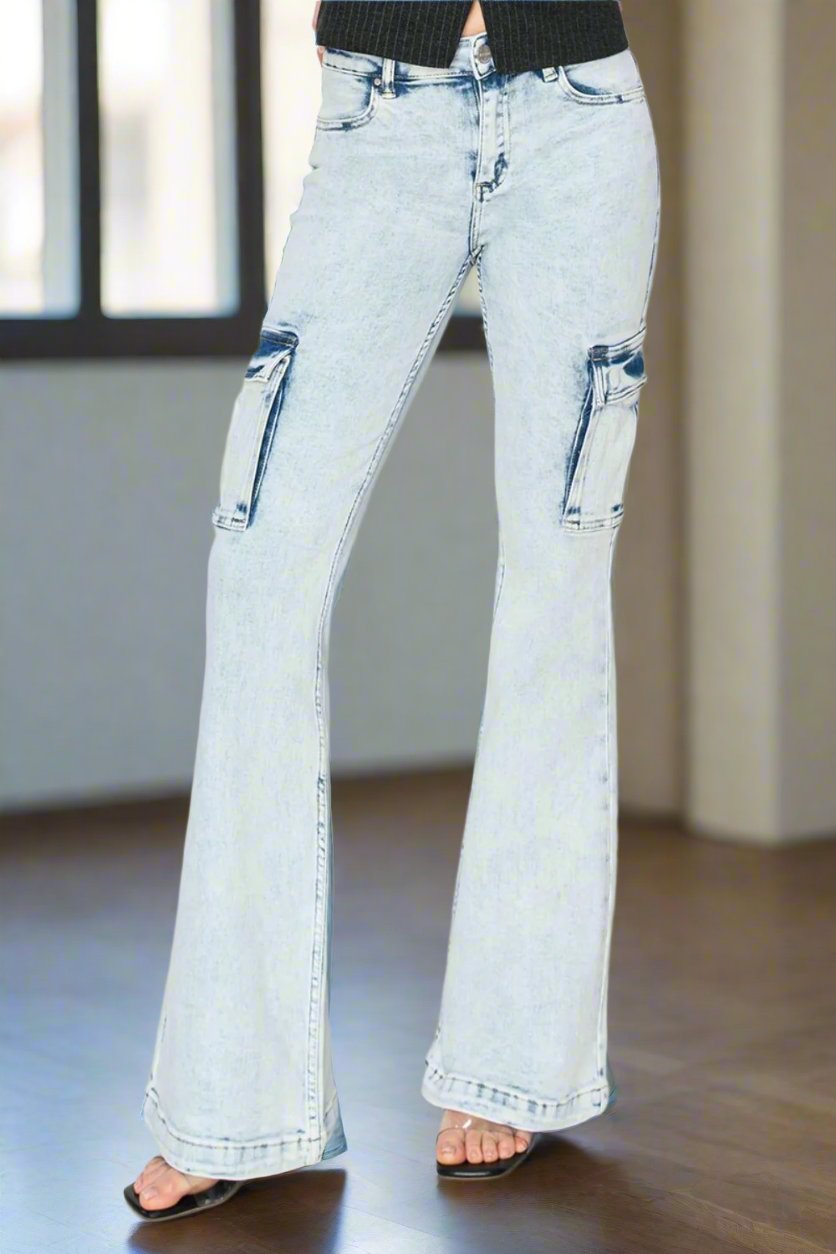 Metro Chic High Rise Cargo Flare Jeans in Acid Light