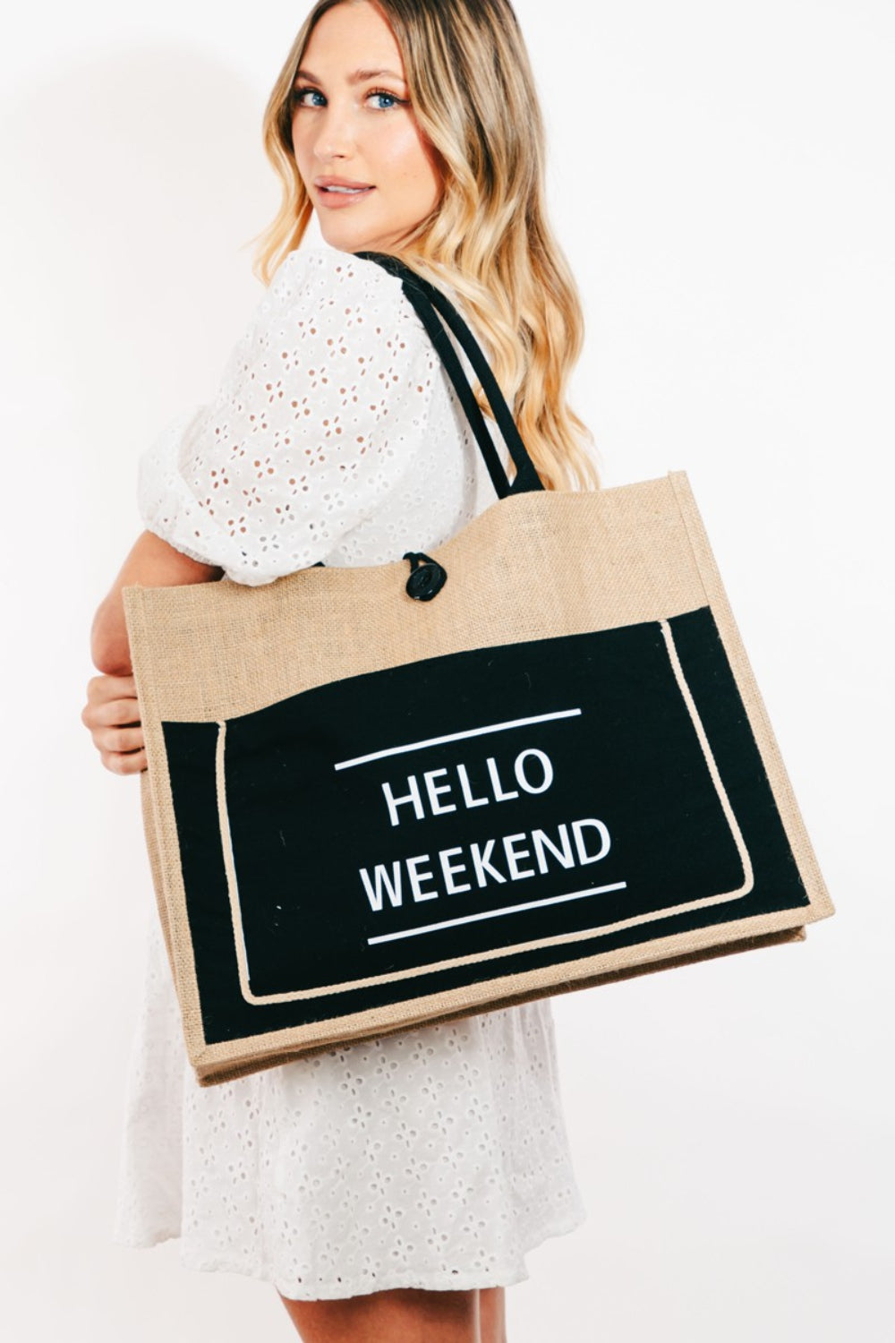 Hello Weekend Burlap Tote Bag in Black, Pink, & Ivory