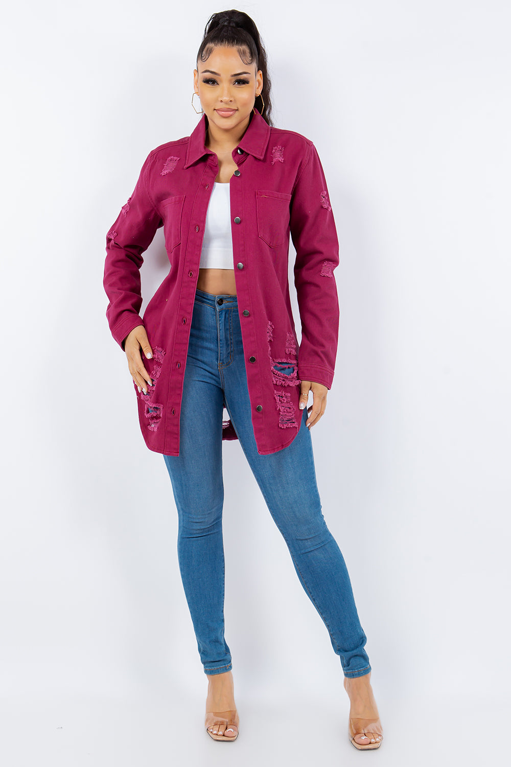 Button Me Up Distressed Denim Jacket in Deep Purple