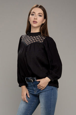 Romantic Lace Yoke Blouse in Black