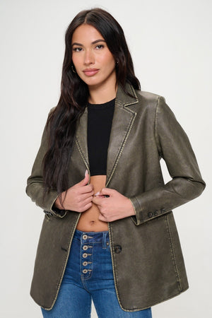 Milena Single-Breasted Vegan Leather Blazer in Olive Brown