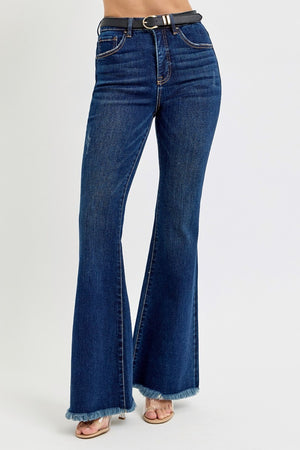 Snatched Frayed Hem Tummy Control Flare Jeans with Belt