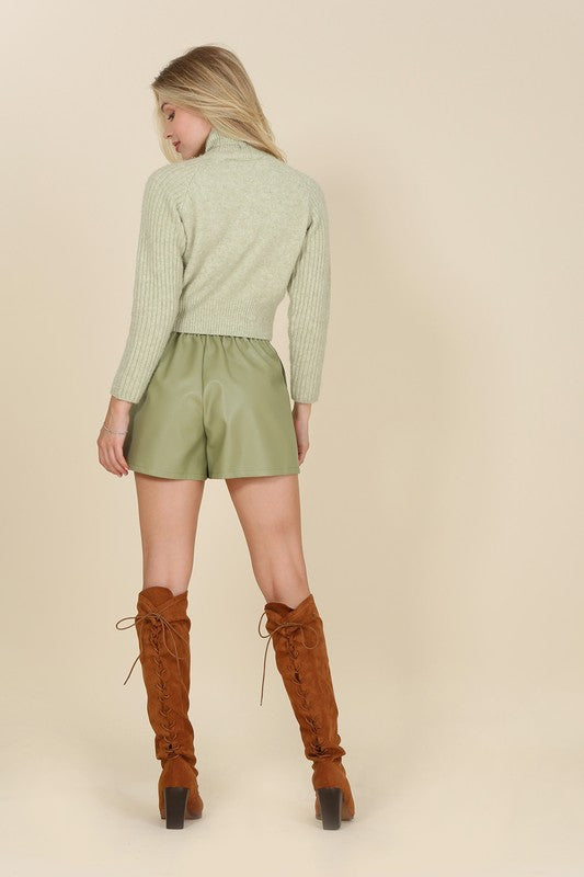 Modern Vegan Leather Shorts in Green & Brown