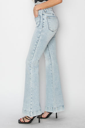 Front Patch Pocket High Rise Flare Jeans in Acid Light