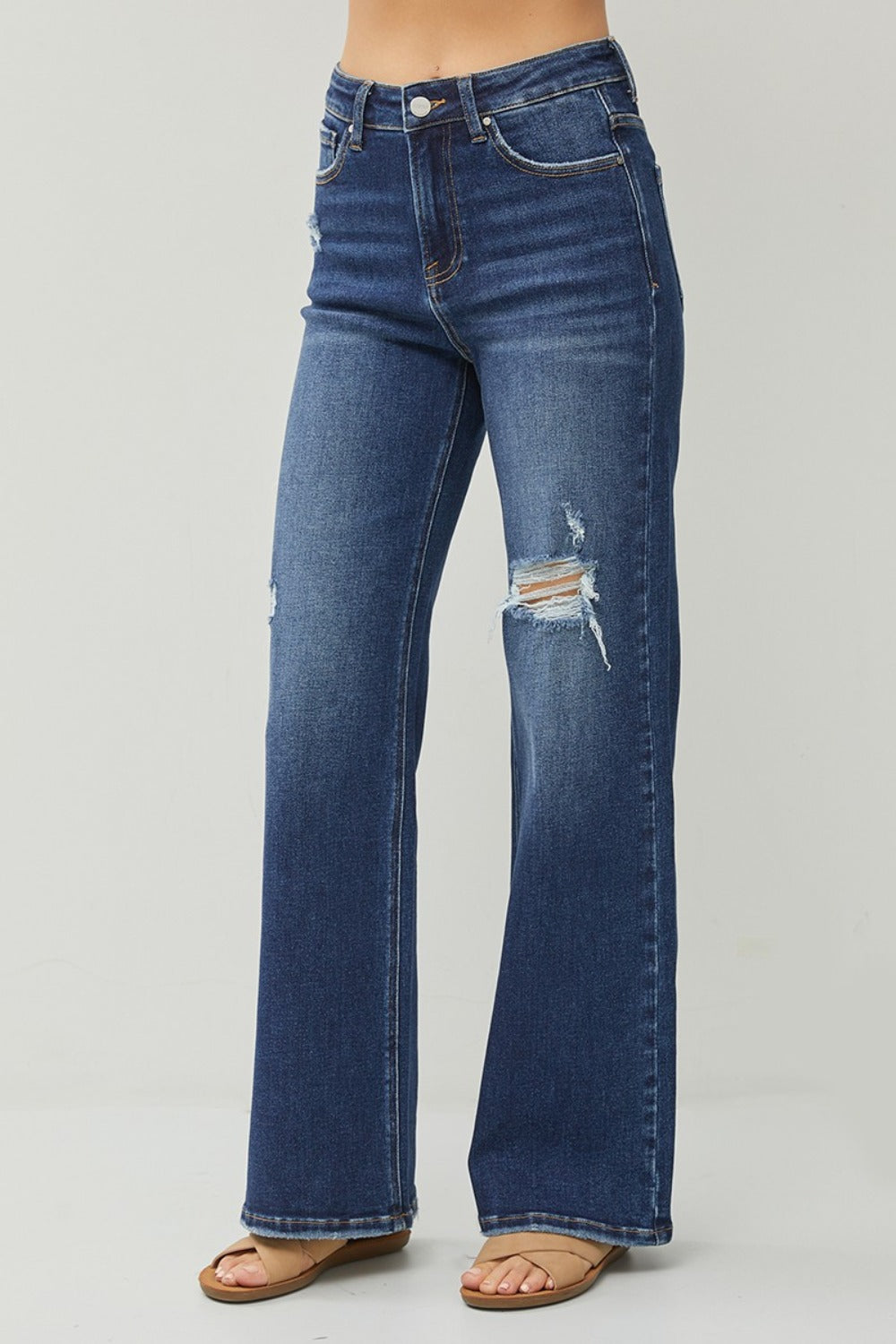 High Times Distressed Wide Leg Jeans in Dark Wash