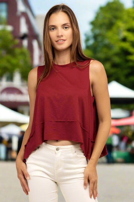 Giselle Shark Hem Side Slit Sleeveless Top in Cabernet, Light Grey, Black, & Sand Beige