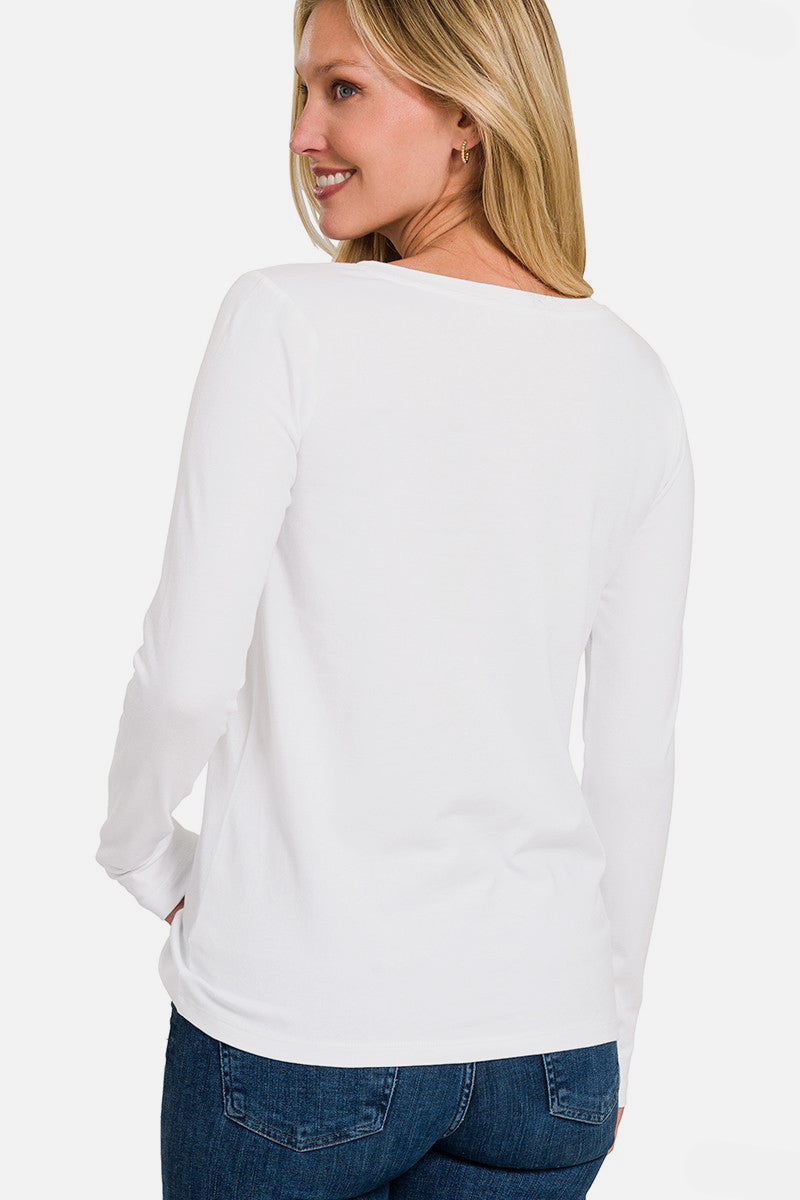 V-Neck No Stress Long Sleeve T-Shirt in White