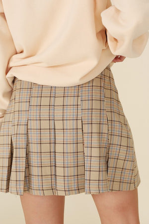 Mad for Plaid Pleat Mini Skirt in Beige Check