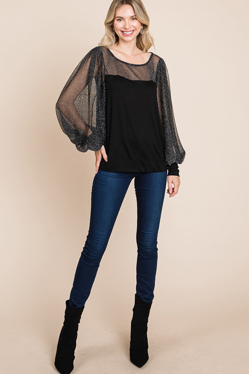 Celestial Shine Metallic Mesh Blouse in Black