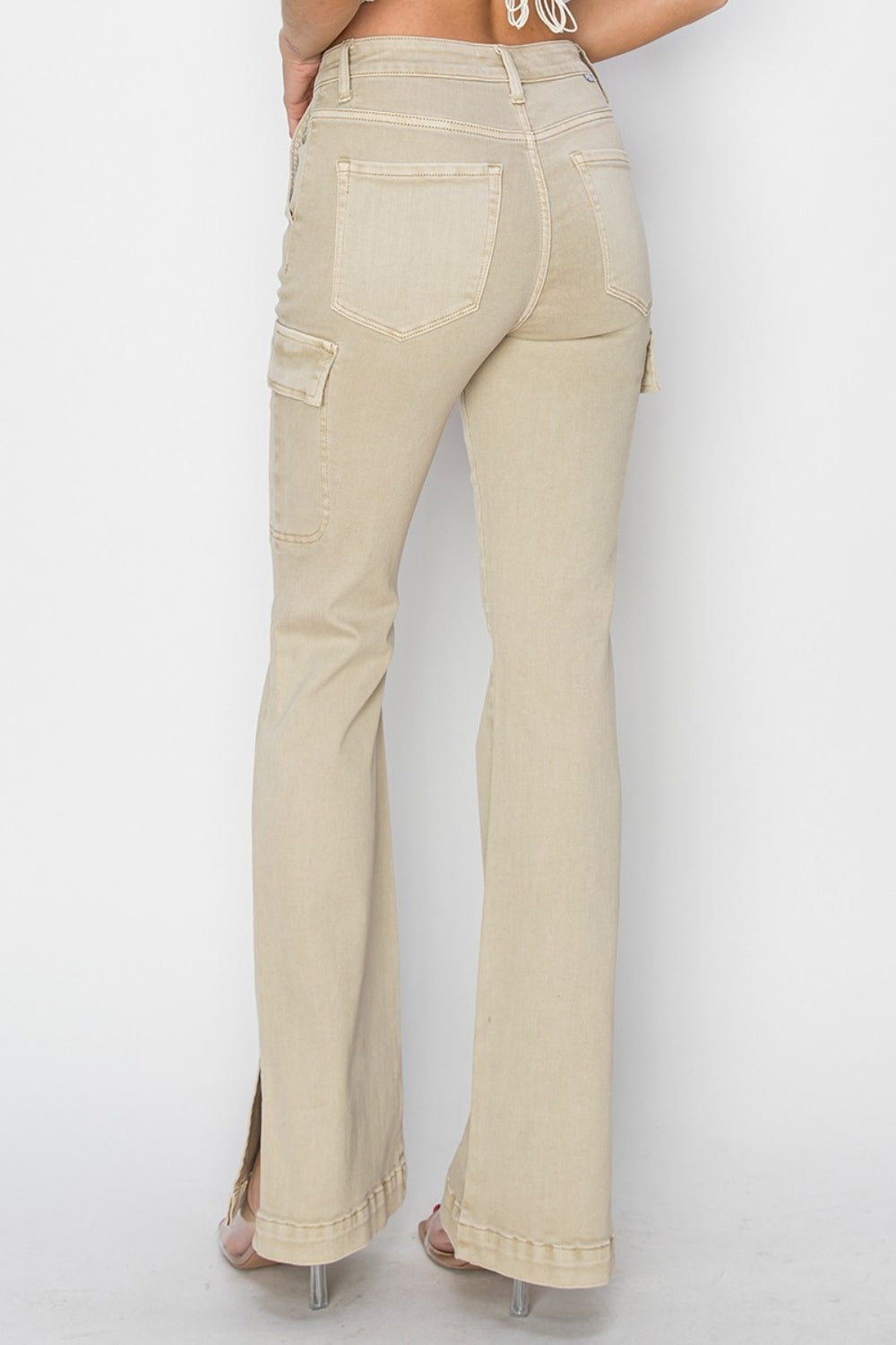 Cargo Pockets & Side Slits High Rise Bootcut Jeans in Stone