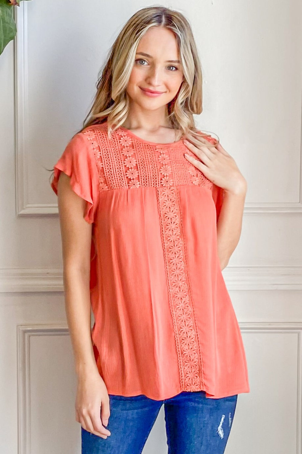 Feminine Lace & Ruffle Sleeve Blouse in Coral