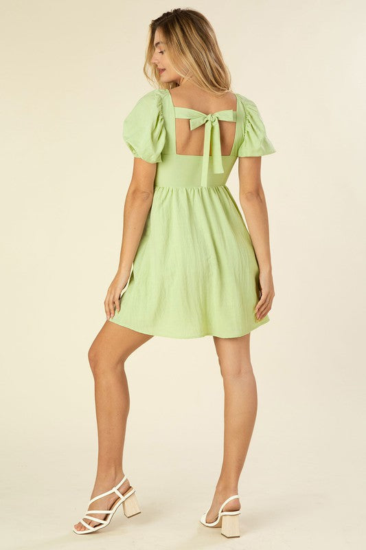 Bella Puff Sleeve Dress with Tie in Green