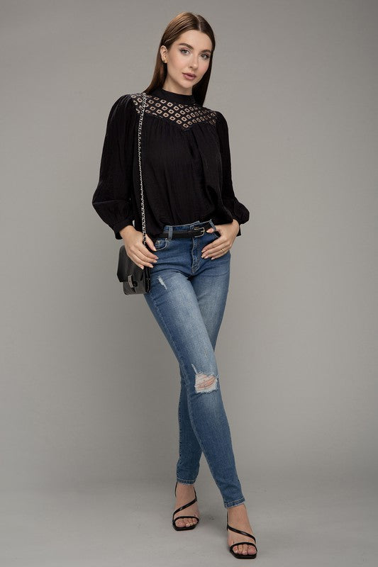 Romantic Lace Yoke Blouse in Black