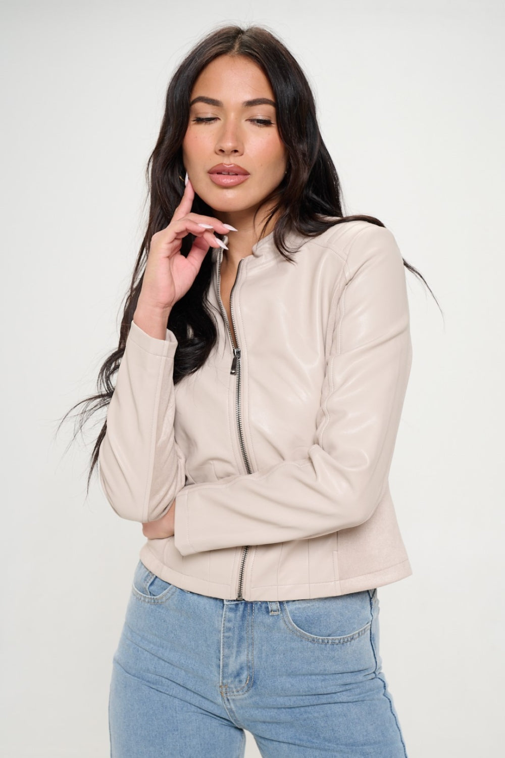 Next Level Vegan Leather Moto Jacket in Cream