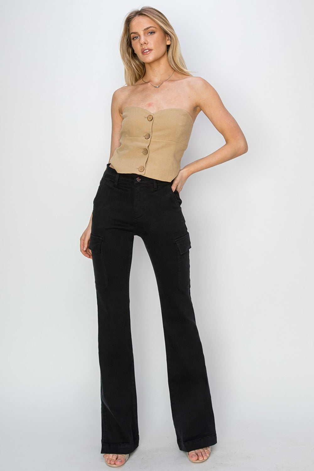 Cargo Pockets & Side Slits High Rise Bootcut Jeans in Black