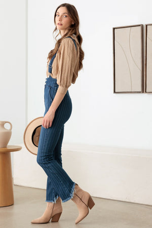 Fresh Take on Stripes Suspender Overalls in Dark Wash Denim