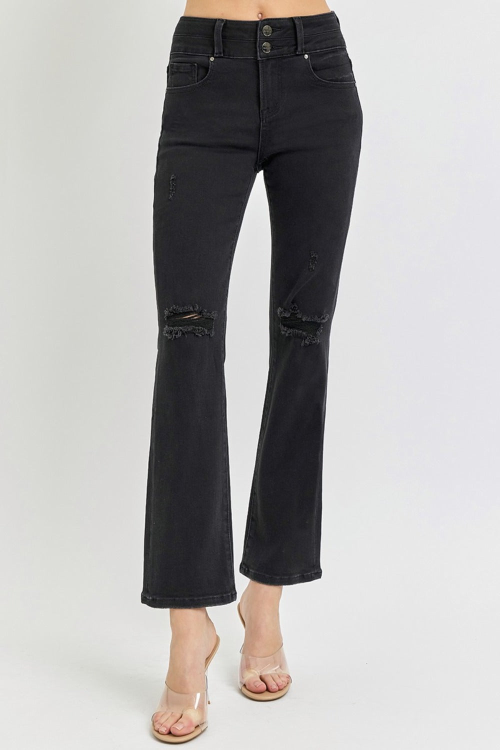 Two Button Ankle Bootcut Jeans in Black