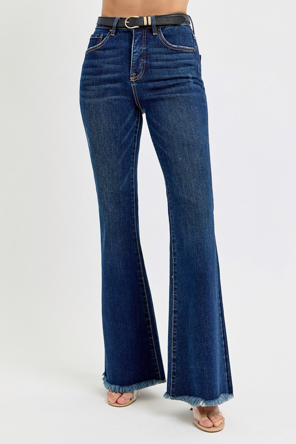 Snatched Frayed Hem Tummy Control Flare Jeans with Belt