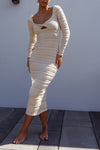 Serena Cut-Out Crochet Knit Midi Dress in Oat