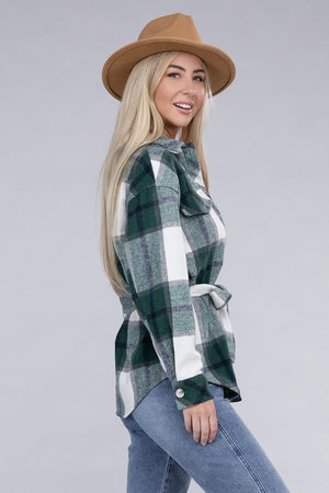 Heading Out Plaid Belted Shacket in Green