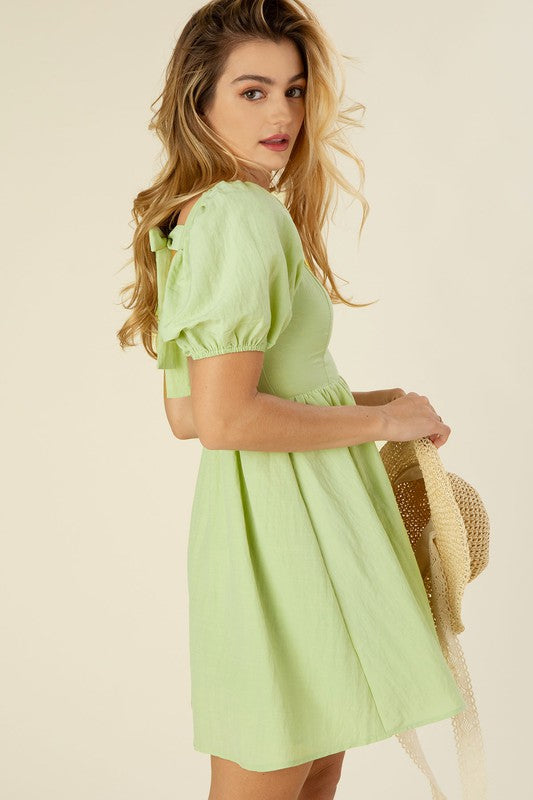 Bella Puff Sleeve Dress with Tie in Green