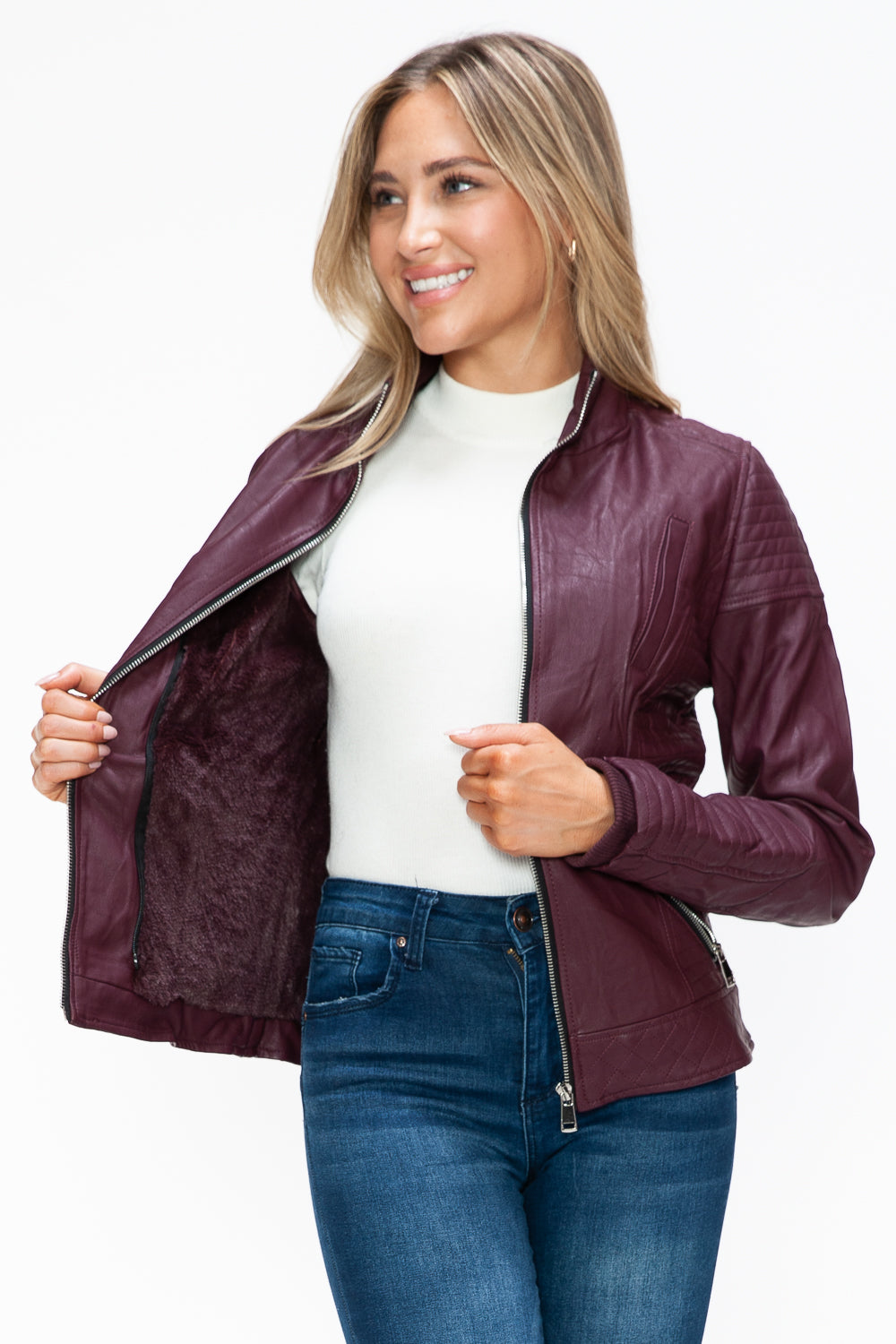 Rebel Chic Faux Leather Moto Jacket with Removable Fuzzy Hood in Wine