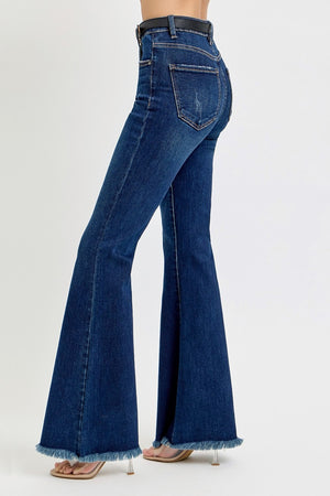 Snatched Frayed Hem Tummy Control Flare Jeans with Belt