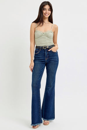 Snatched Frayed Hem Tummy Control Flare Jeans with Belt